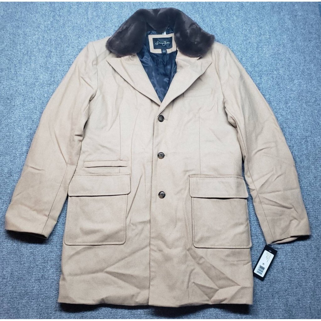 Sean John Coat Mens L Beige Mid Length Button Faux Fur Lined Flap Pockets New